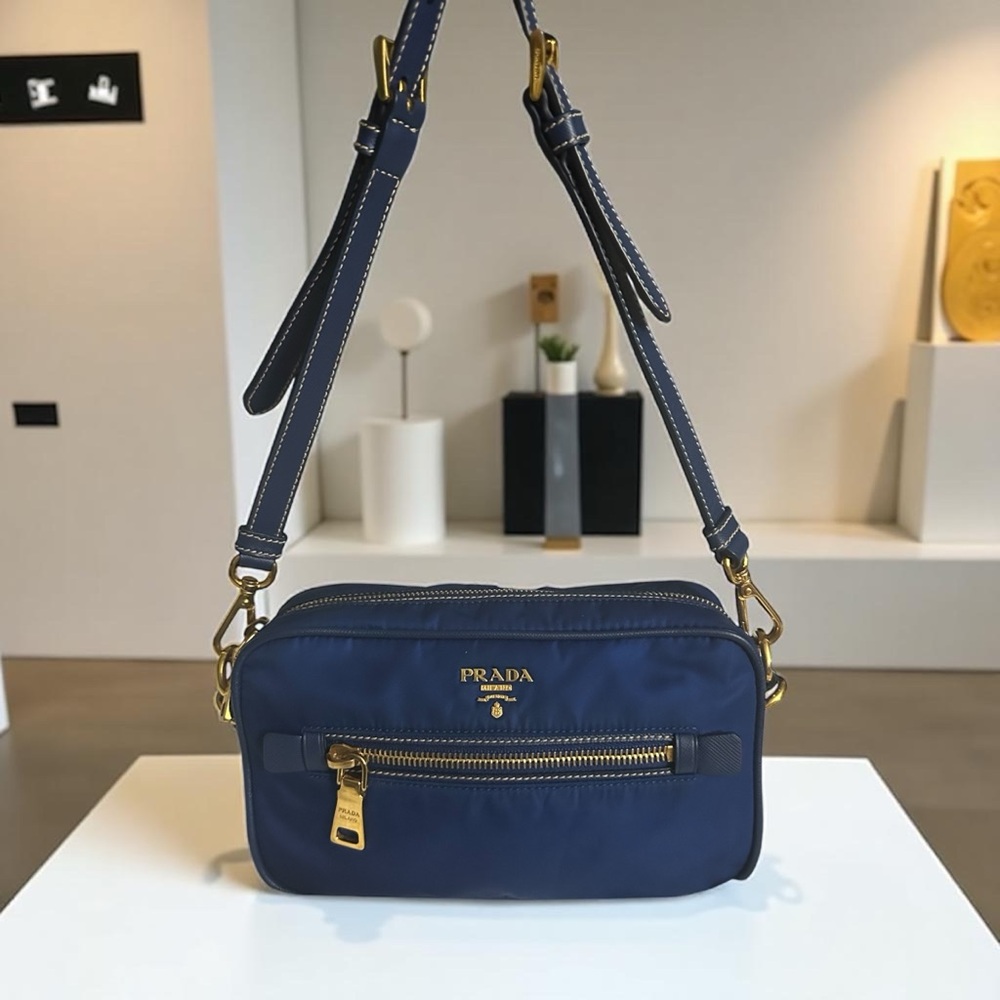 Prada Front Pocket Camera Bag Tessuto Small Dark Blue Authentic GUC - Picture 1 of 15
